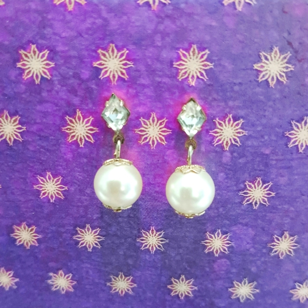 Vintage Faux Pearl and Rhinestone Drop Earrings